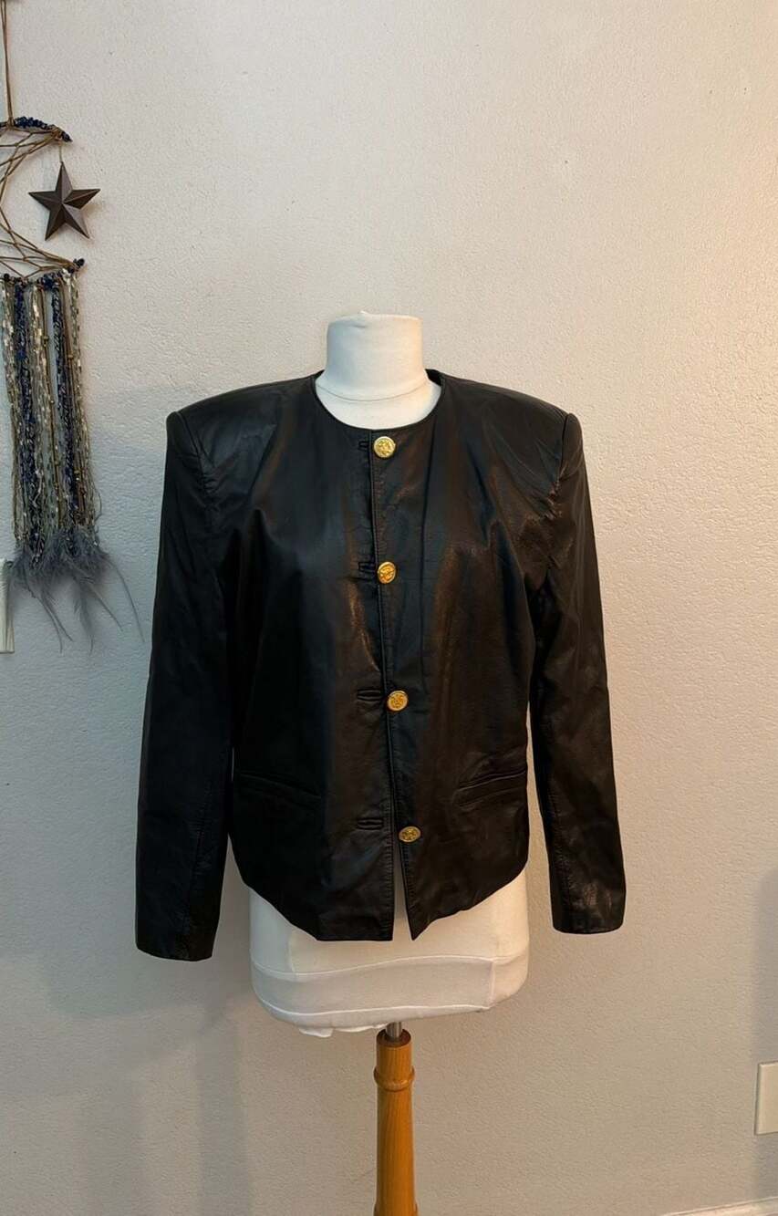 Evan Davies Vintage Black Cow Nappa Leather Collarless Gold Button Jacket